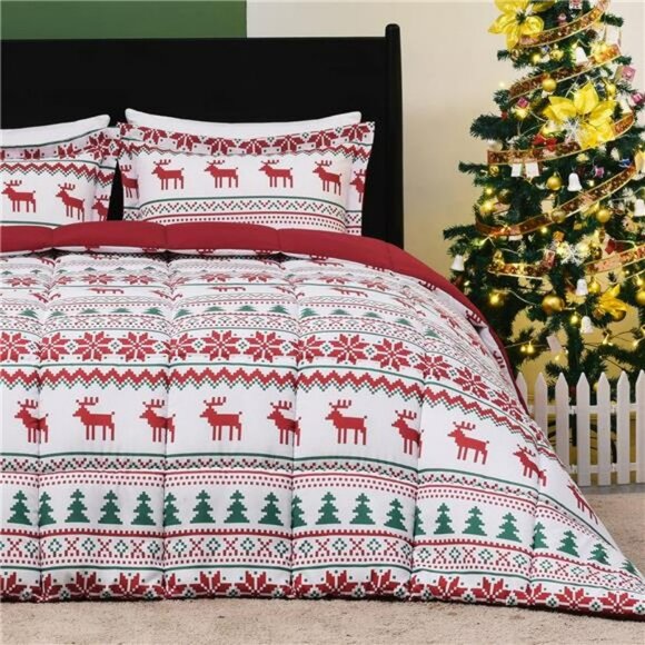 King Size Comforter Set with Christmas Reindeer Snowflake Patterns, 3-Piece Set - Picture 3 of 7